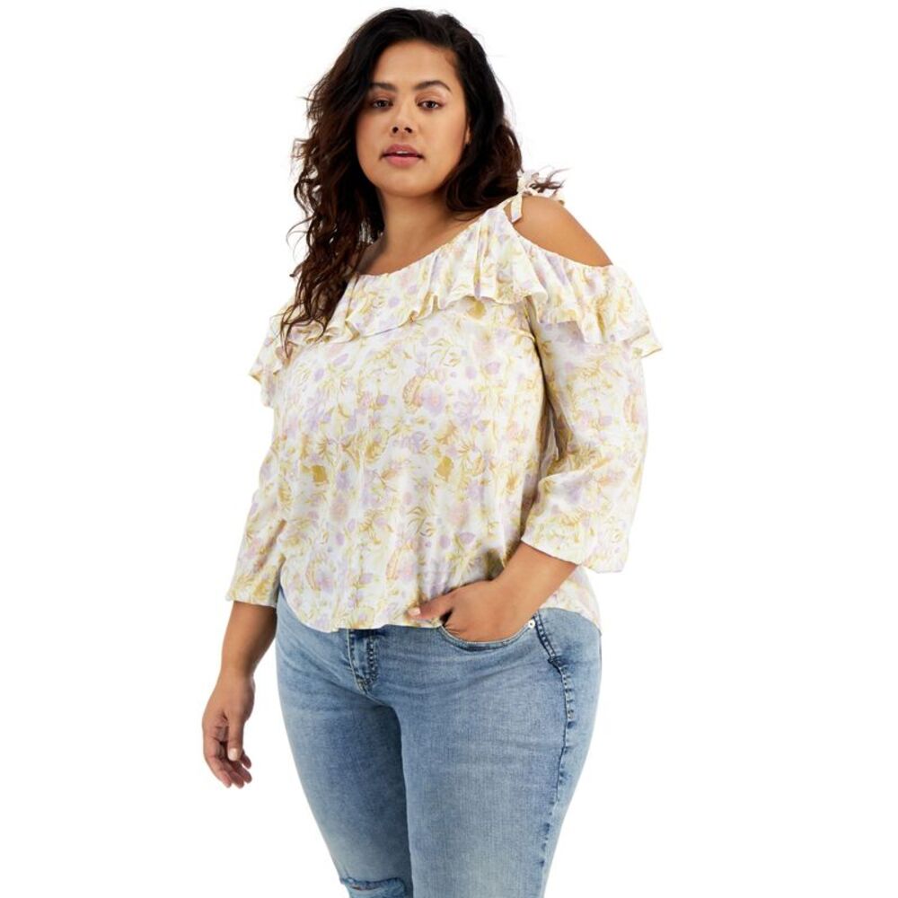 INC International Concepts Plus Size Cold Shoulder Ruffle Trim Top